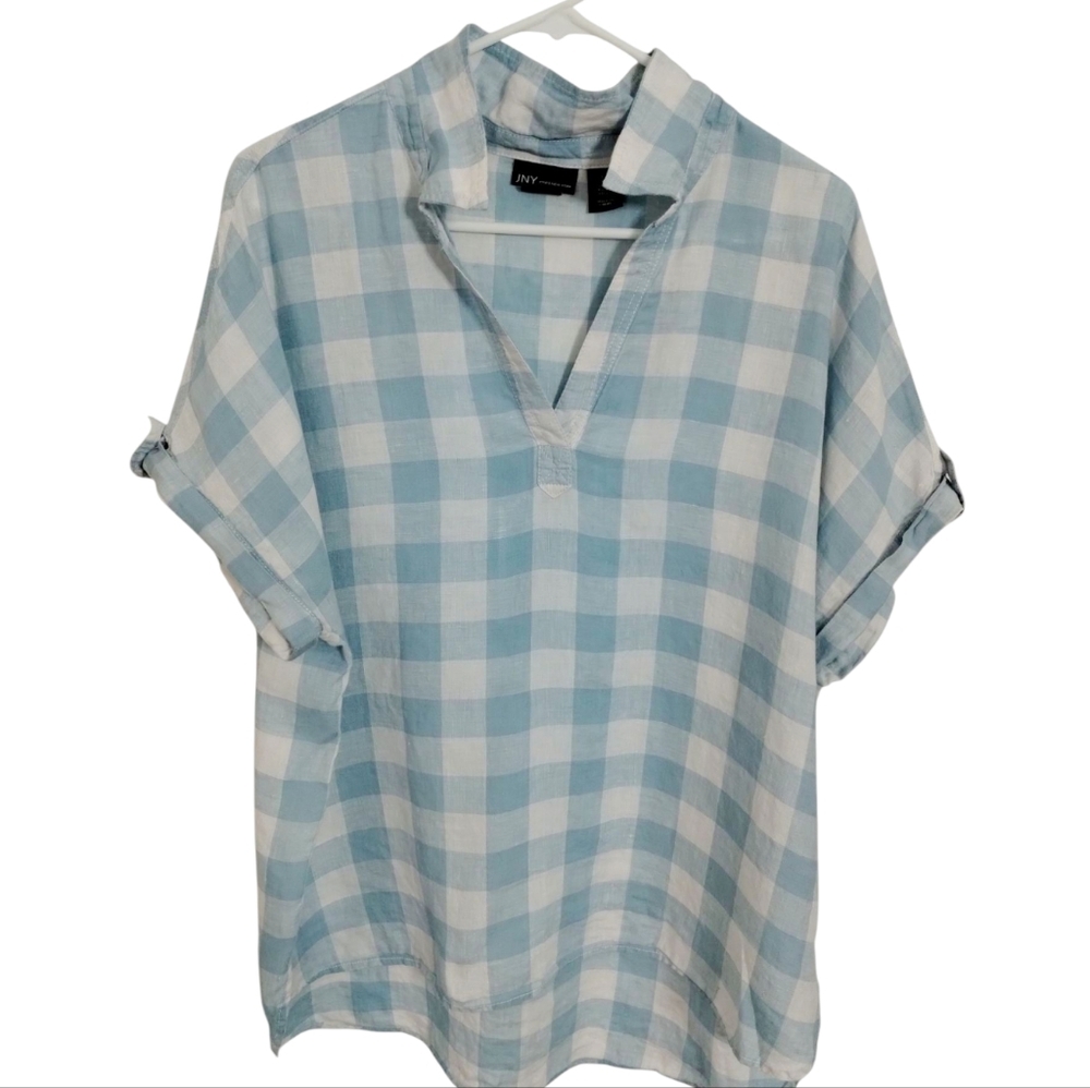 JNY Women's size L Gingham Coastal Linen Beachy Fresh Breathable Top Resortwear
